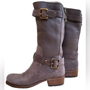 Christian Dior Brown Suede Mid-Calf Moto Boots Fur lined